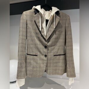 $695 Veronica Beard Gia Dickey Jacket tan black plaid blazer leather pocket sz 2